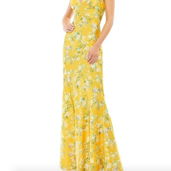 MAC DUGGAL 55396 FLORAL DRAPE BACK SATIN YELLOW MULTI GOWN sz 2 - Picture 2 of 5
